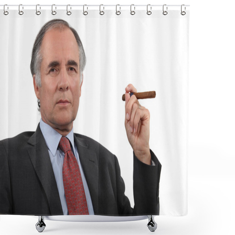 Personality  A Mature Businessman Smoking A Cigar. Shower Curtains