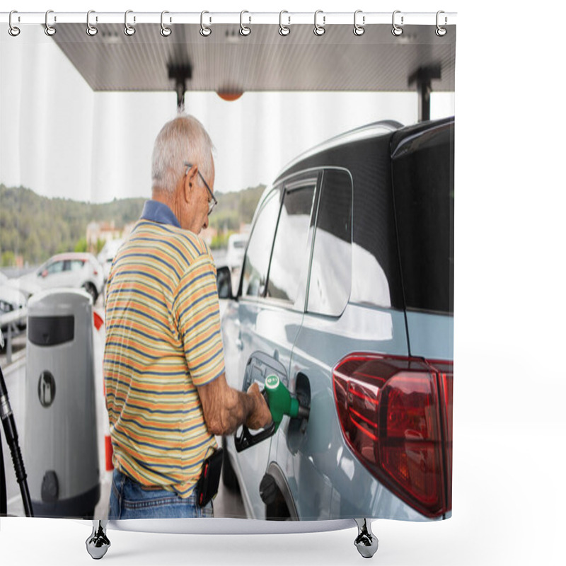 Personality  Eighty-year-old Man Putting 95 Petrol In A Light Blue Car, Short-sleeved Green And White Striped T-shirt, Jeans And Mobile Phone Case With Mobile Phone Attached To The Belt Shower Curtains