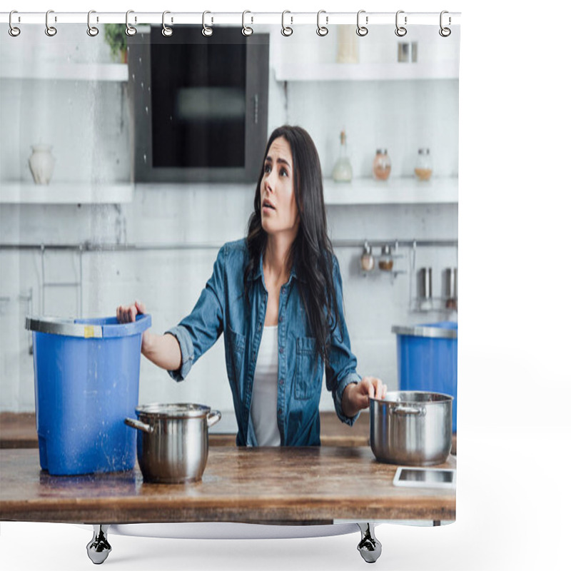 Personality  Confused Brunette Woman Dealing With Water Damage In Kitchen Shower Curtains