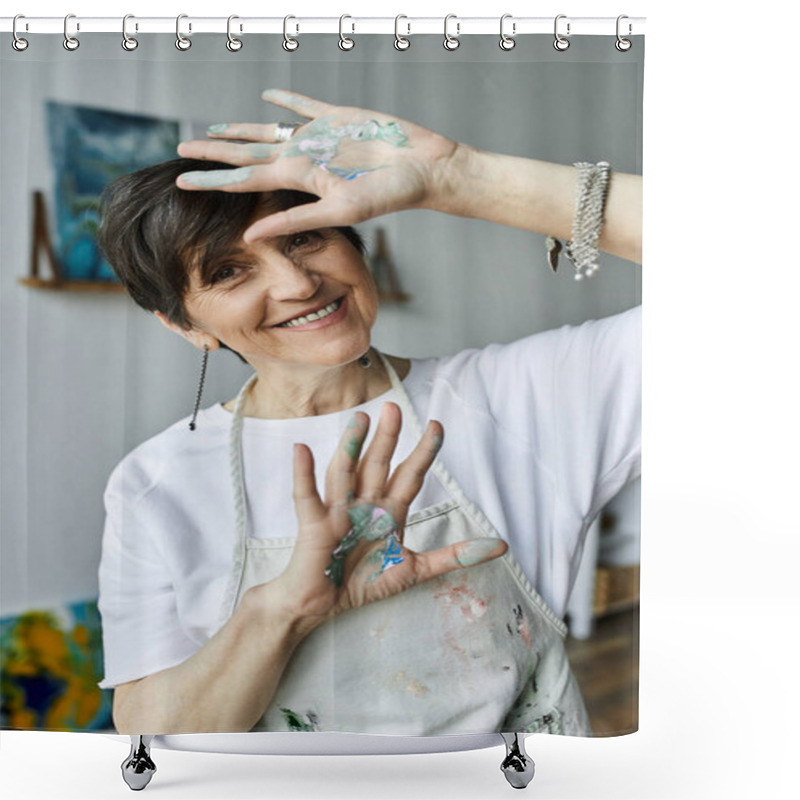 Personality  A Happy Woman With Paint Covered Hands Enjoys Her Artistic Process. Shower Curtains