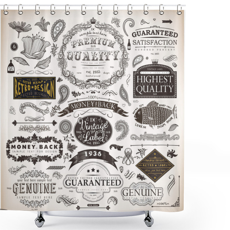 Personality  Vector Set: Calligraphic Design Elements And Page Decoration, Premium Quality, Seafarers And Satisfaction Guarantee Label Collection With Black Grungy Design And Flowers Shower Curtains