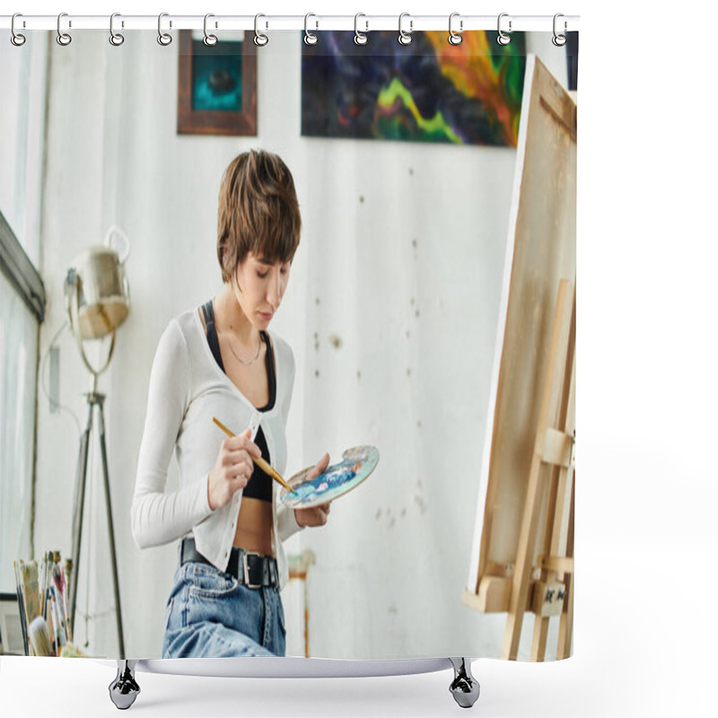 Personality  A Woman Sits On A Chair With A Paintbrush And Palette. Shower Curtains