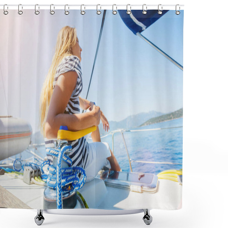 Personality  Girl On Board Of Sailing Yacht On Summer Cruise. Travel Adventure, Yachting With Child On Family Vacation. Shower Curtains