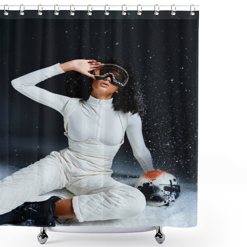 Personality  A Fashionable Brunette Woman Showcases Her Winter Outfit While Striking A Stunning Pose In A Studio. Shower Curtains