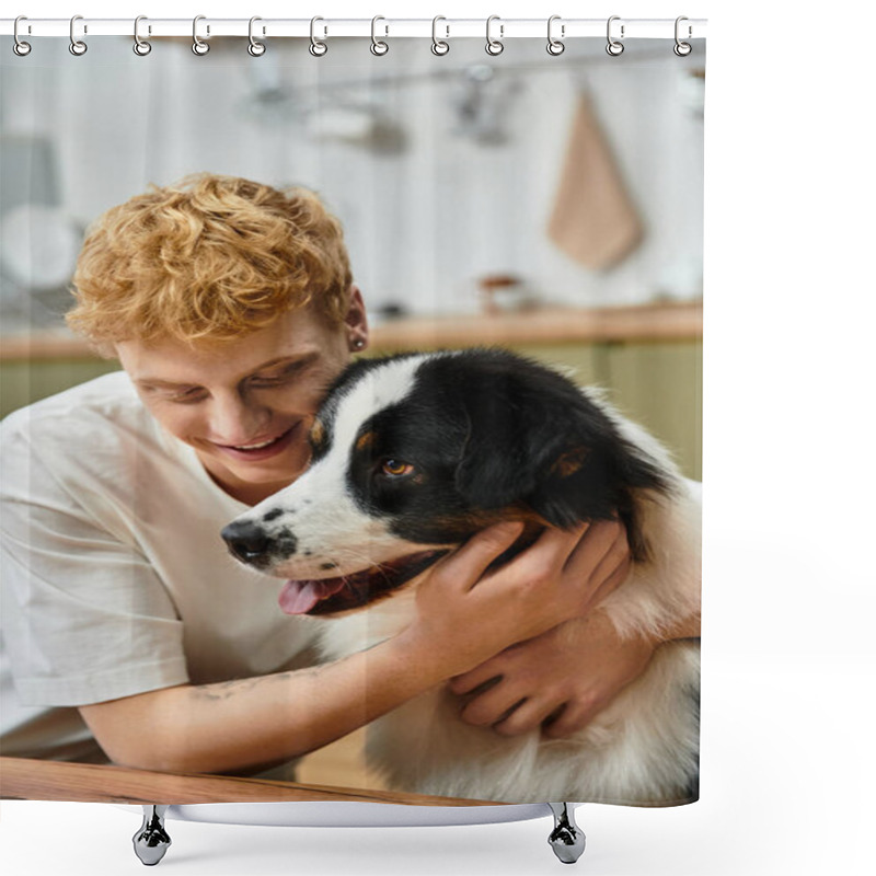 Personality  A Cheerful Man With Red Hair Enjoys Heartwarming Moments With His Australian Shepherd At Home. Shower Curtains