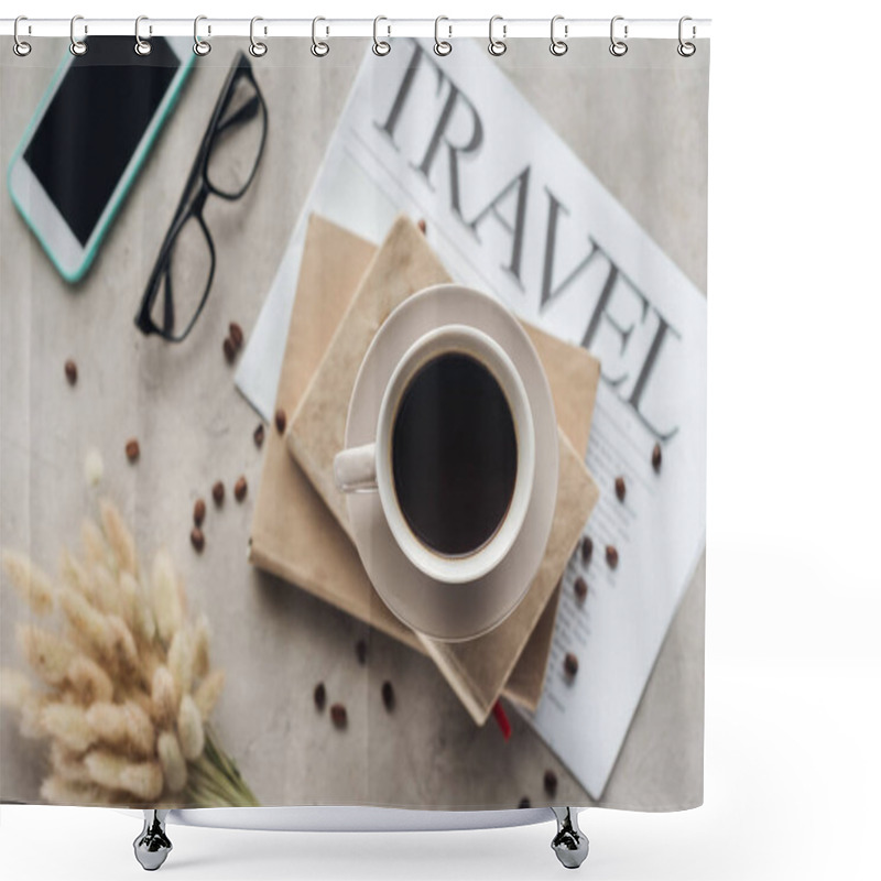 Personality  Top View Of Cup Of Coffee  Standing On Books And Newspaper With Travel Inscription On Concrete Surface Shower Curtains