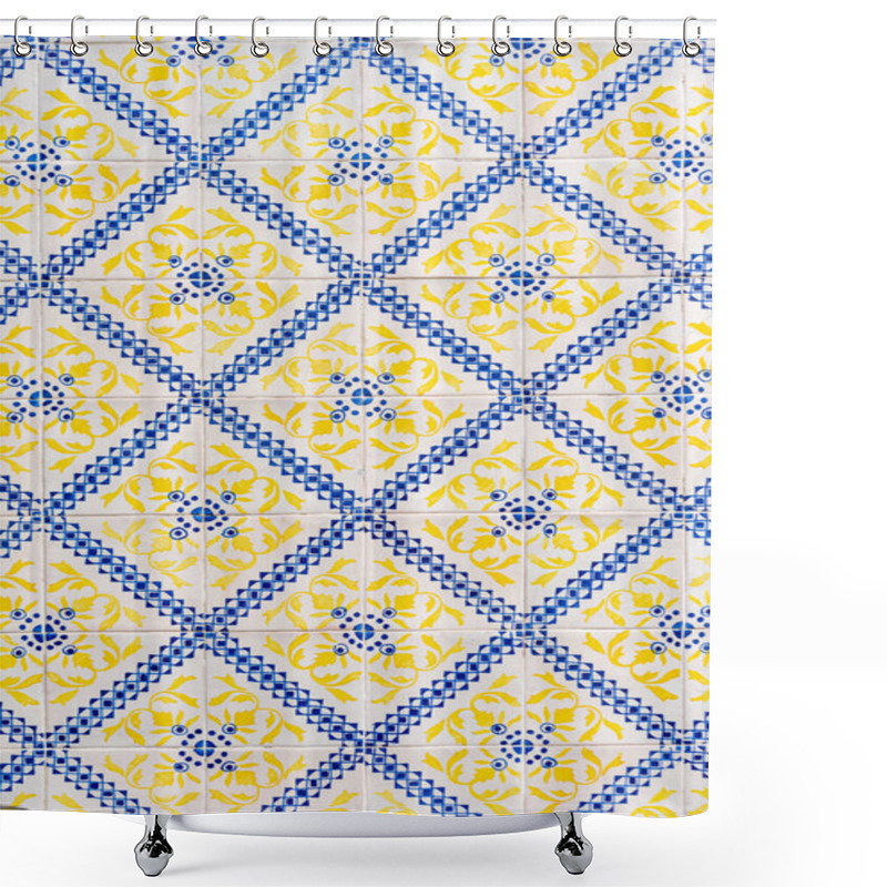 Personality  Fragment Of Building Wall With Yellow And Blue Ceramic Wall Tiles Azulejo Abstract Decorative Background Textured Ornate Pattern. Traditional Ornate Portuguese Architecture  Shower Curtains