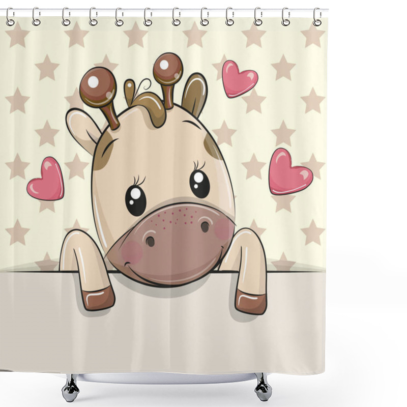 Personality  Cute Cartoon Giraffe Is Holding A Placard On A Stars Background Shower Curtains