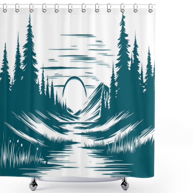 Personality  A Stylized Sepia Illustration Of A Serene Mountain Lake Shower Curtains