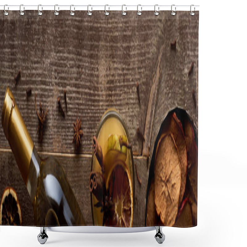 Personality  Top View Of Pear Mulled Wine With Spices And Dried Citrus On Wooden Table, Panoramic Shot Shower Curtains