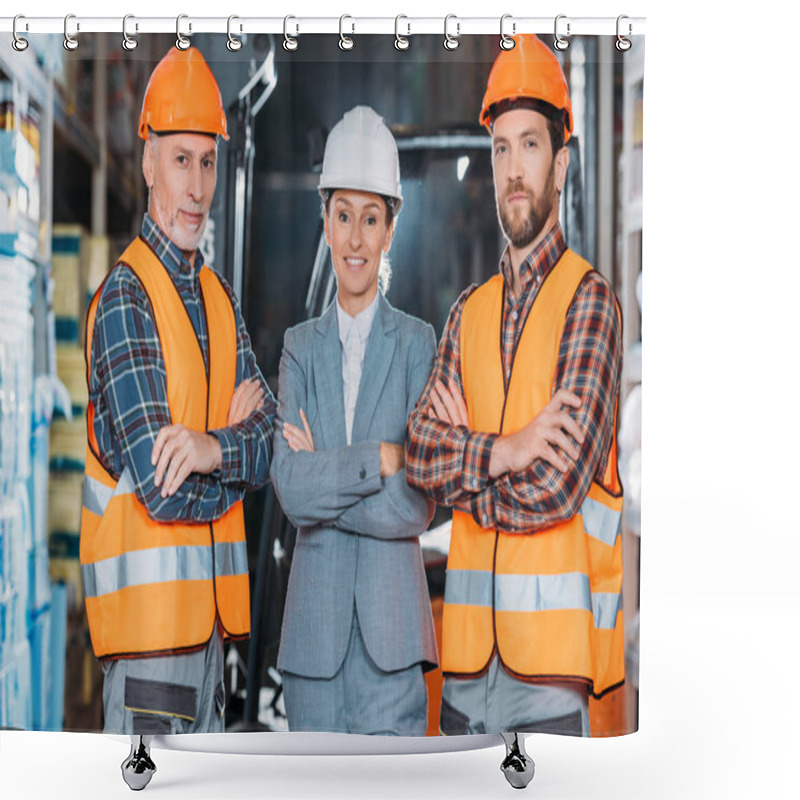 Personality  Workers In Helmets And Inspector In Suit Posing With Crossed Arms In Storage Shower Curtains