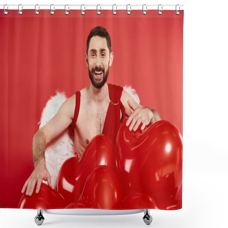 Personality  Bearded Man In Cupid Costume And Wings Laughing Near Heart-shaped Balloons On Red, St Valentines Day Shower Curtains