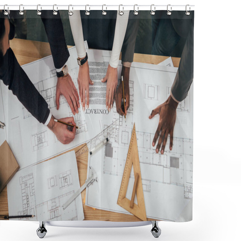 Personality  Cropped Shot Of Team Of Architects With Building Contract And Plans Shower Curtains