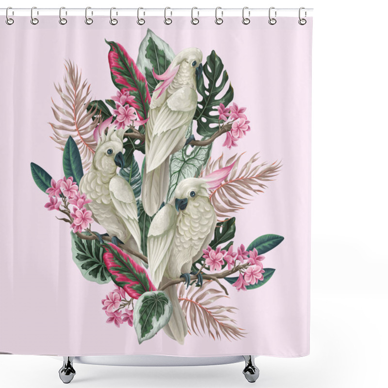 Personality  Cockatoo, Tropical Leaves And Flowers Isolated. Vector Shower Curtains