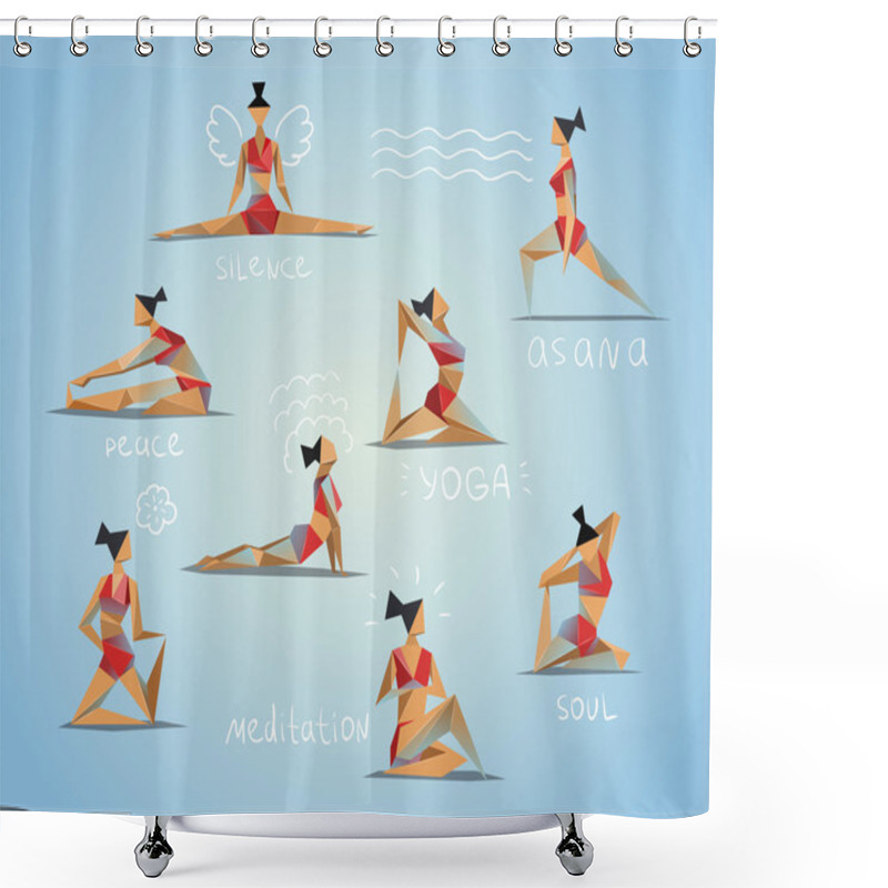 Personality  Vector Set Polygonal Illustration Of Yoga Poses. Women Doing Yoga Exercises Shower Curtains