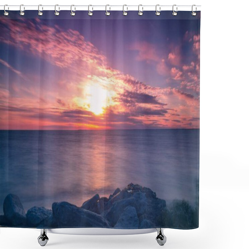 Personality  Breathtaking Sunset Sky Above Vibrant Purple Clouds Reflected In The Sea Shower Curtains