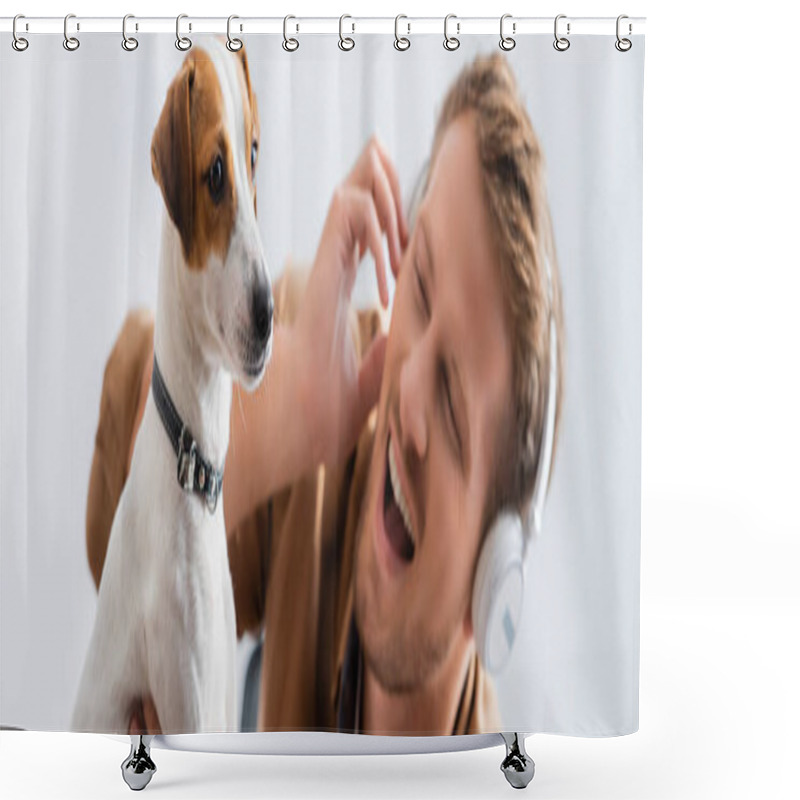 Personality  Panoramic Shot Of Excited Businessman In Wireless Headphones Near Jack Russell Terrier Dog In Office Shower Curtains