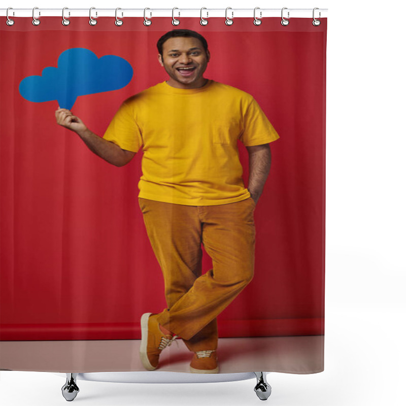 Personality  Happy Man In Yellow T-shirt Holding Blank Thought Bubble On Red Backdrop, Hand In Pocket Pose Shower Curtains