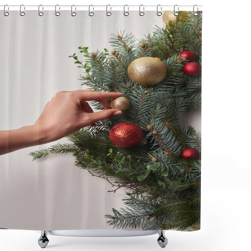 Personality  Cropped Image Of Woman Putting Small Bauble On Christmas Fir Wreath Isolated On White Shower Curtains