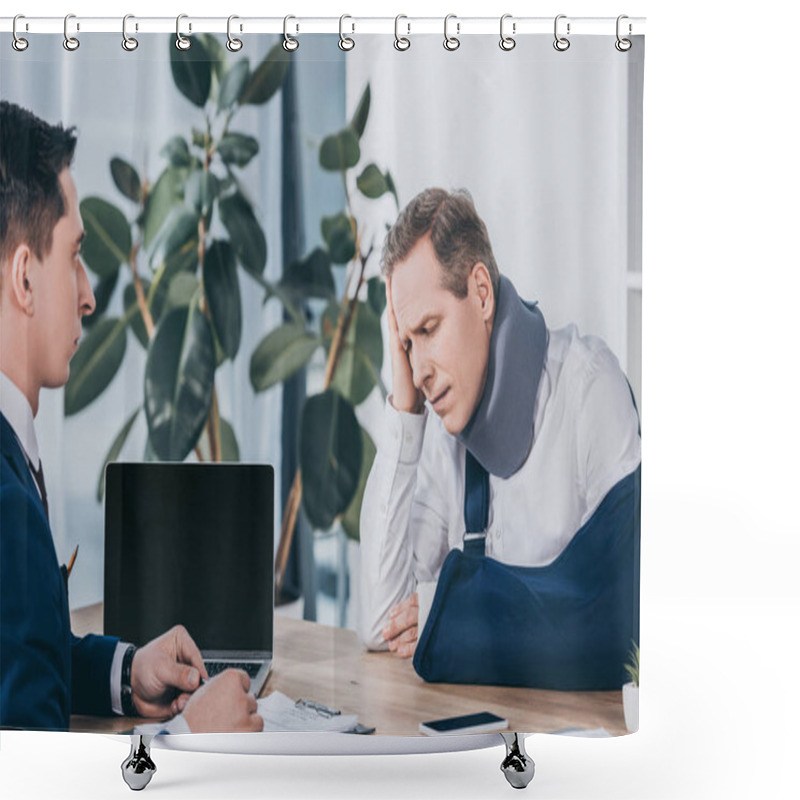 Personality  Upset Worker In Neck Brace With Broken Arm Sitting At Table Opposite Businessman In Blue Jacket In Office, Compensation Concept Shower Curtains