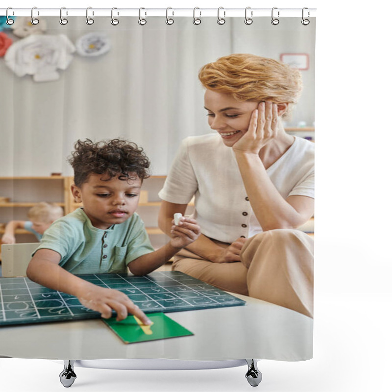 Personality  Happy Teacher Observing African Boy Pointing At Number Near Chalkboard, Learning Through Play Shower Curtains