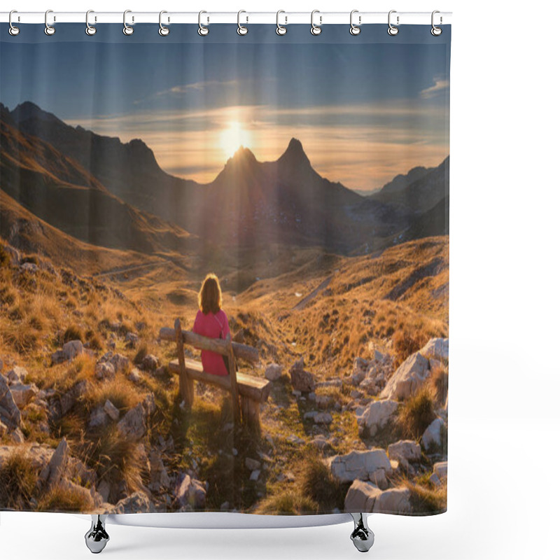 Personality  Woman On Bench Looking Out At View Of The Mountain Landscape Shower Curtains