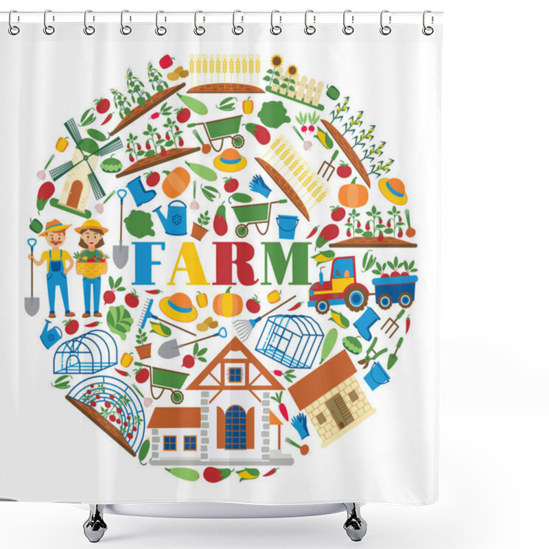 Personality  Farm Vector Farming House Gardening Backdrop Farmer Man Gardener Woman Character And Farms Natural Products Organic Food Illustration Healthy Vegetables In Gardenhouse Background Shower Curtains