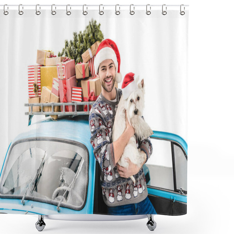 Personality  Man With Dog And Christmas Gifts On Car Shower Curtains