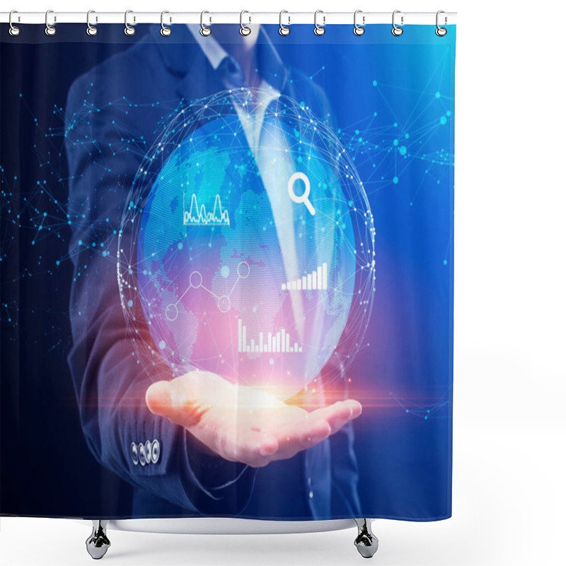 Personality  Global Business Data Management. Businessman Holding Globe Hologram With Graphs And Charts Shower Curtains