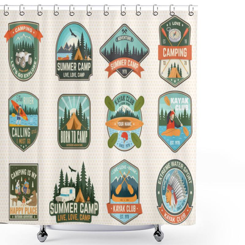 Personality  Set Of Rv Camping Badges, Patches. Vector Concept For Shirt Or Logo, Print, Stamp Or Tee. Vintage Typography Design With RV Motorhome, Camping Trailer And Off-road Car Silhouette. Shower Curtains