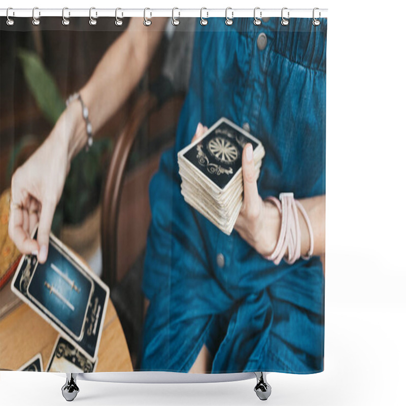 Personality  Woman Is Reading Tarot Cards On The Table In Cafe Shower Curtains