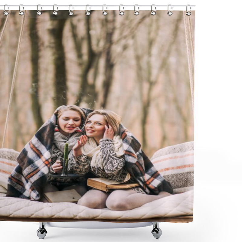 Personality  Two Twin Blond Sisters In Forest Shower Curtains