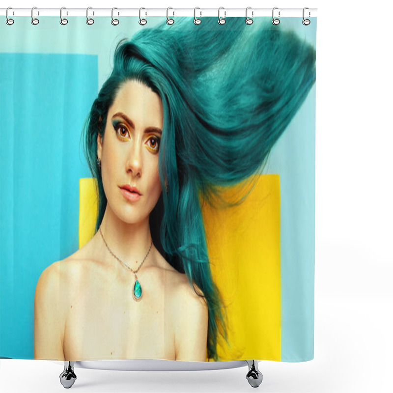 Personality  Young Sexy Woman With Flowing Bright Blue Hair On Geometric Background. Fashion Makeup. Beauty Portrait. Shower Curtains