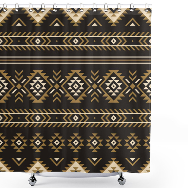 Personality  Boho Pattern Vector. Dark Aztec Native Stripes Graphic In Luxury Gold And Black For Trousers, Shorts, Or Other Summer And Autumn Navajo Textile And Paper Print. Traditional Tribal Design. Shower Curtains