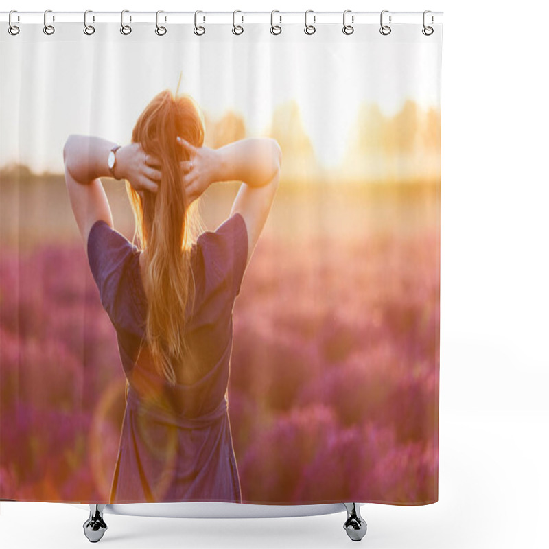 Personality  Young Woman Touching Her Long Hair Looking At Lavender Field  Shower Curtains