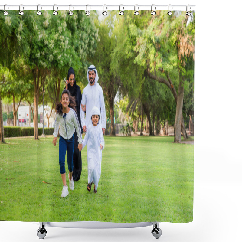 Personality  Happy Middle-eastern Family Having Fun In A Park In Dubai - Parents And Kids Celebrating The Weekend In The Nature Shower Curtains