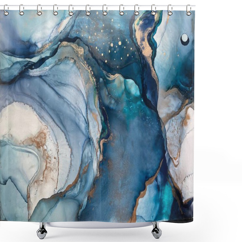 Personality  Abstract Blue Background With Beautiful Smudges And Stains Made With Alcohol Ink And Gold Pigment. Blue Colored Fragment With Texture Resembles Watercolor Or Aquarelle Painting. Shower Curtains