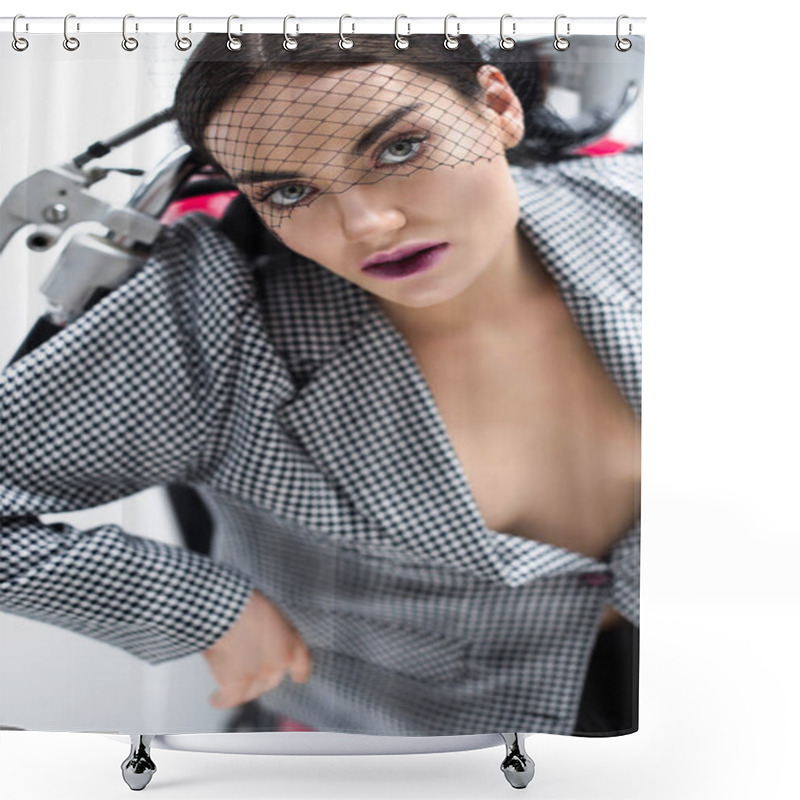 Personality  Beautiful Woman In Jacket And Net Veil Posing On Scooter, On White Shower Curtains