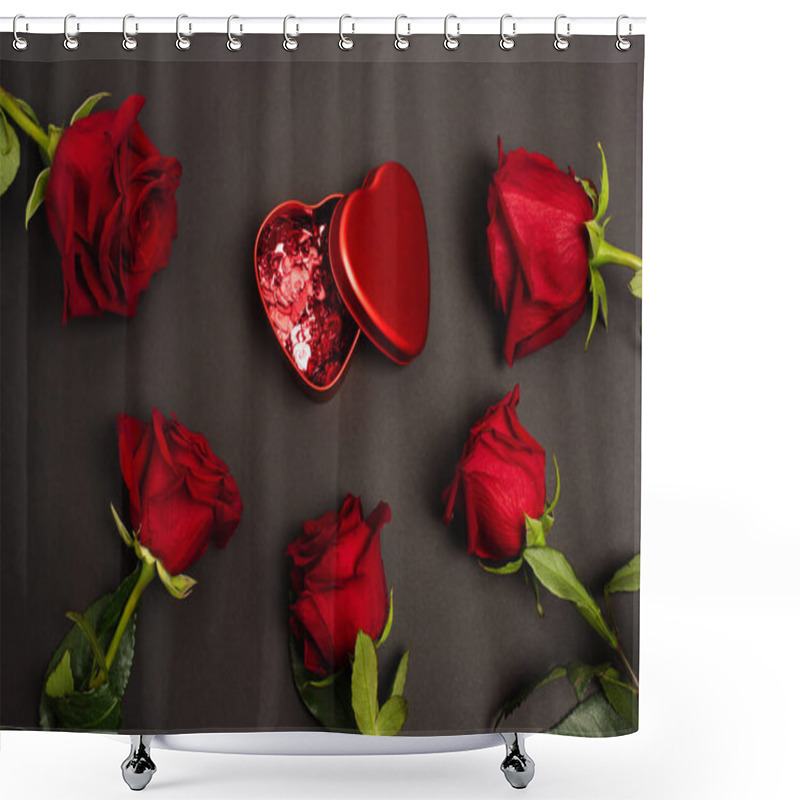 Personality  Top View Of Metallic Box With Red Confetti Hearts Near Roses On Black Shower Curtains