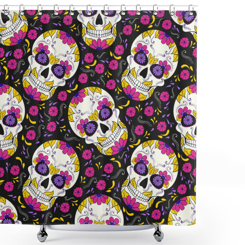 Personality  Day Of The Dead Skull With Floral Ornament. Seamless Pattern. Mexican Sugar Skull. Vector Illustration Shower Curtains