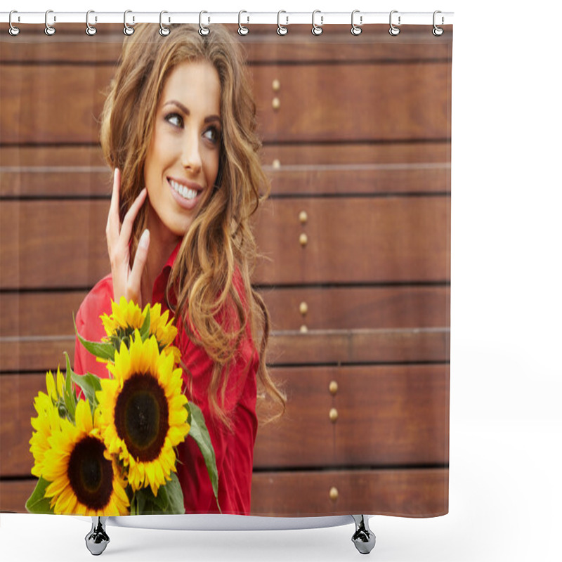 Personality  Fashion Woman With Sunflower At Outdoor. Shower Curtains