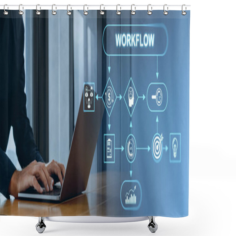 Personality  Man Hands Typing In Laptop, Glowing Workflow Chart With Business Icons And Arrows. Block Diagram For Maximizing Efficiency And Management. Concept Of Work Process And Strategy Shower Curtains