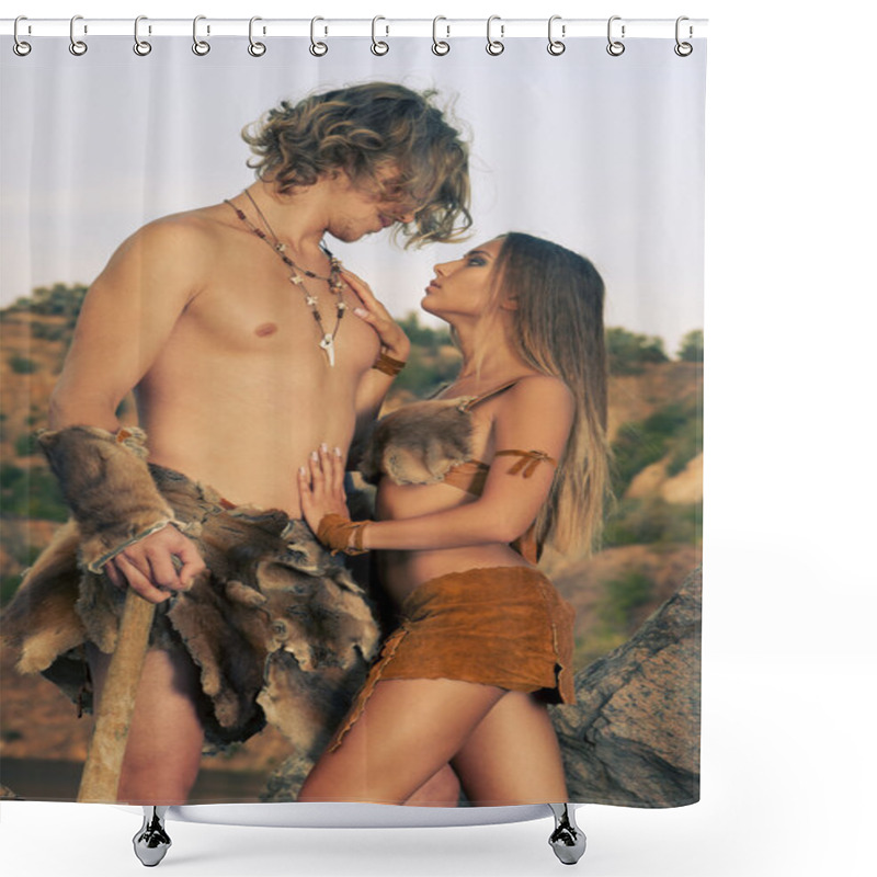 Personality  Primitive Man Standing Near His Woman. Shower Curtains