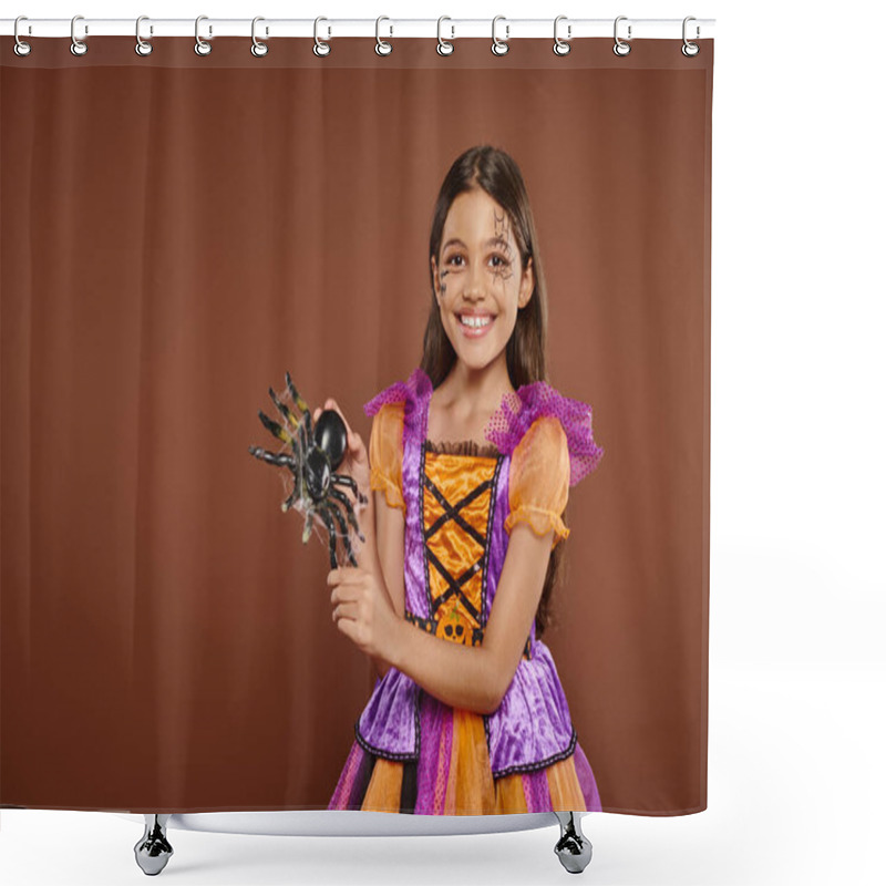 Personality  Joyous Girl In Halloween Costume With Spiderweb Makeup Holding Fake Spider On Brown Backdrop, Spooky Shower Curtains