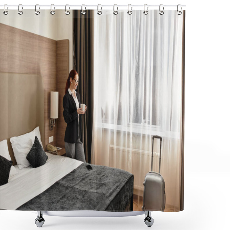 Personality  A Beautiful Young Woman Stands By The Window, Savoring Her Coffee In A Chic Hotel Room. Shower Curtains