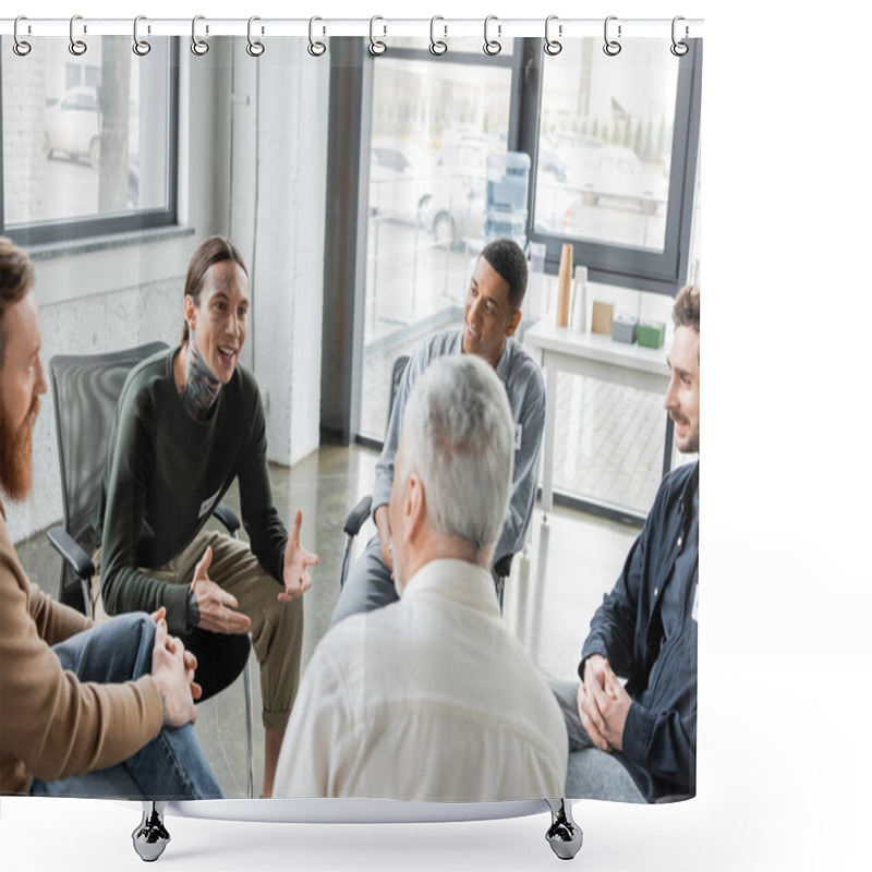 Personality  Cheerful Tattooed Man With Alcohol Addiction Talking To Interracial Group During Therapy In Rehab Center  Shower Curtains