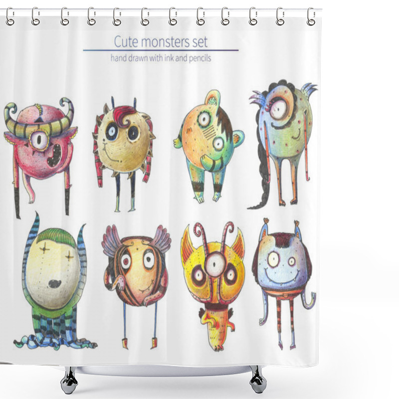 Personality  Set Of Cute And Lovely Hand Drawn Monsters, Drawn With Pencils And Ink On White Background. Raster Large Illustration With Collection Of Different Fictional Characters With Strange Fantasy Anatomy. Shower Curtains