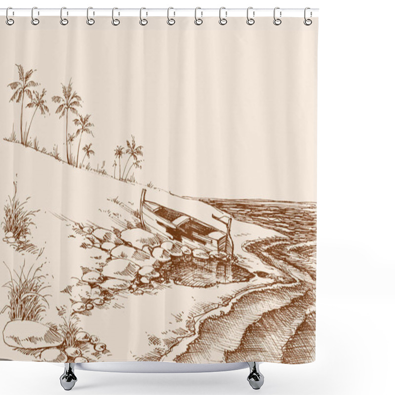 Personality  Empty Beach Drawing At The End Of Summer, A Boat On Shore Shower Curtains