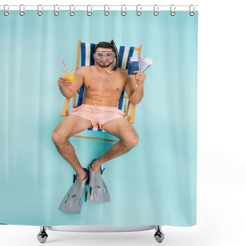 Personality  High Angle View Of Man In Swimming Goggles And Flippers Holding Passports And Orange Juice On Blue Background  Shower Curtains