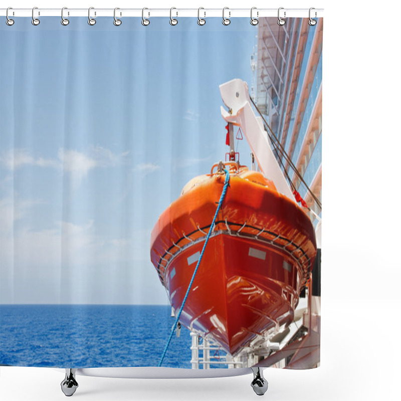 Personality  Orange Lifeboat Hanging From Harness Over Deep Blue Sea Shower Curtains